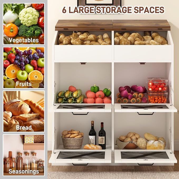 Potato And Onion Storage Bin with Lid,Veggie Bin W/6 Large Storage Box.Root Vegetable Storage Box For Kitchen,Farmhouse Potato Storage Bin W/4 Mesh Doors,Bread Keeper for Toast,Bagel,Donut,Cookies