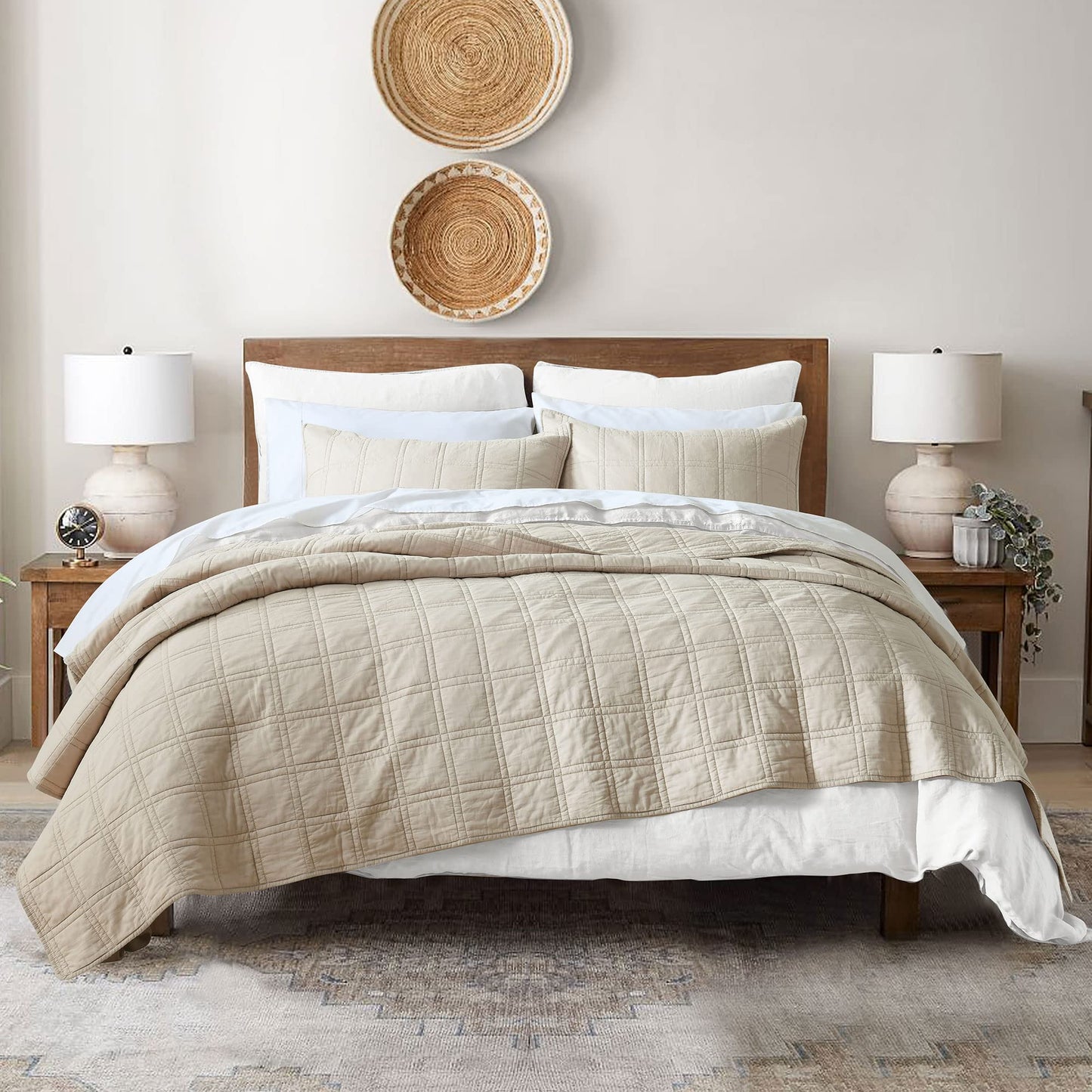 HORIMOTE HOME 100% Cotton Quilt Queen Size Beige Bedspread, Pre-Washed 3-Piece Cozy Lightweight Stitching Decorative Bedding Cover Coverlet Set with 2 Shams in Geometric Pattern for All Season