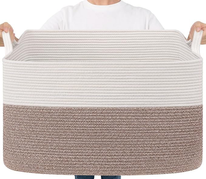 Goodpick 85L Large Woven Basket 23.6" x 15.7" x 13.8" Cotton Rope Storage Organizer for Blankets Dirty Clothes, Rectangle Toy Storage Basket for Nursery Home Decor, Brown