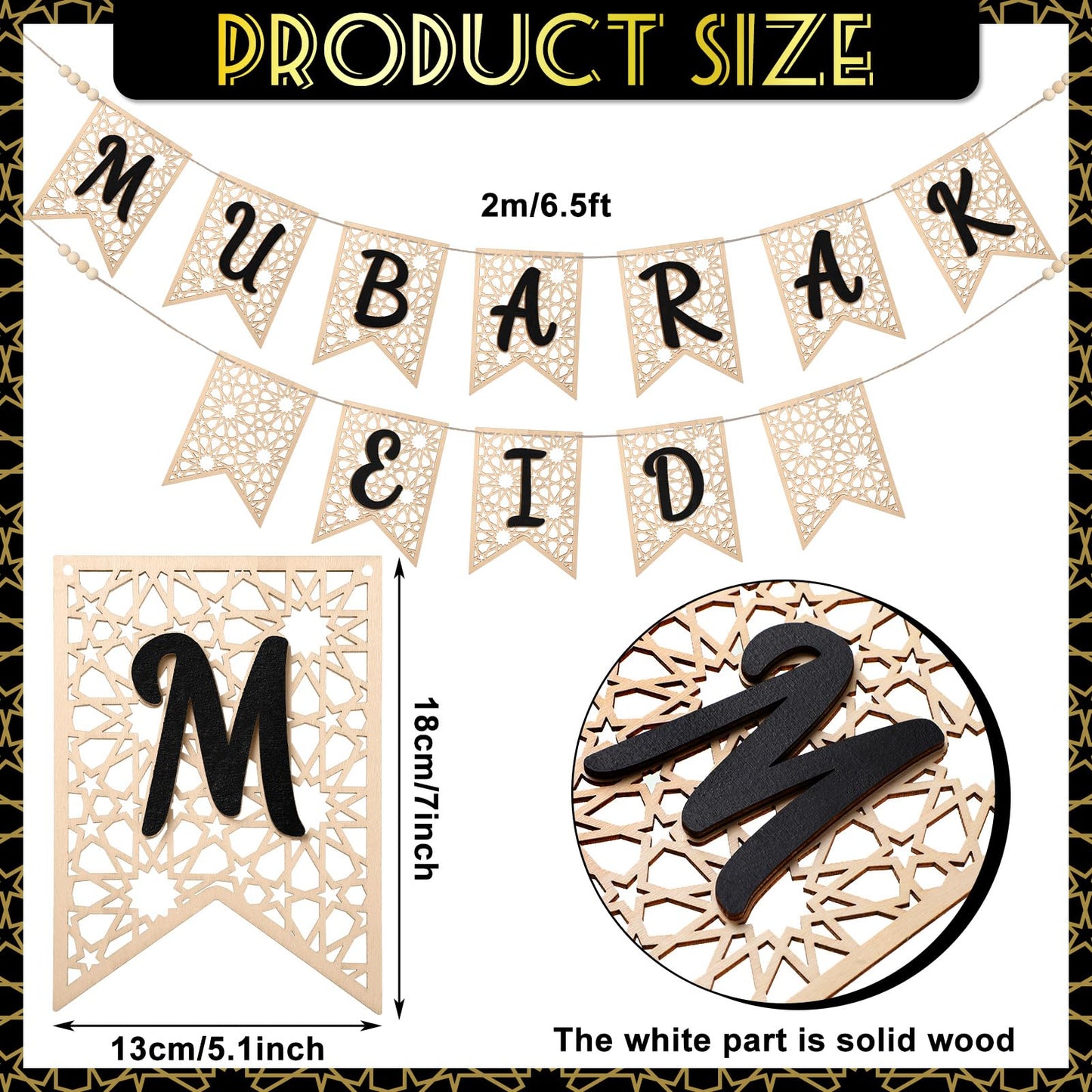 Menkxi 2 Pcs Eid Mubarak Banner Decorations Wooden Ramadan Eid Decoration for Home Rustic Ramadan Mubarak Garland Hanging Supplies for Mantel Fireplace Muslim Home Indoor Outdoor Party(Natural, Black)