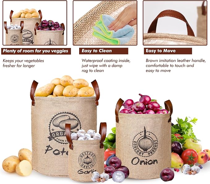 Kamehame Potato and Onion Storage Baskets Pack of 3, Lined Burlap Pantry Storage Bins for Potato Onion Garlic with Handles