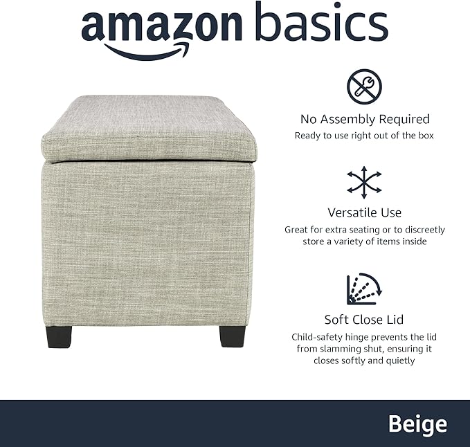 Amazon Basics Upholstered Storage Ottoman Bench with Soft Close Lid, Child-Safety Hinge, No Assembly Required, 35.5"W x 16.5"D x 17"H, Beige