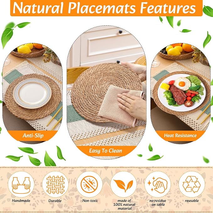 4 Sets Boho Decoration Placemats Round Woven Placemats, Cloth Napkins, Wood Bead Napkin Rings, Long Table Runner and Farmhouse Burlap Cotton for Table Kitchen (Green,12x72)
