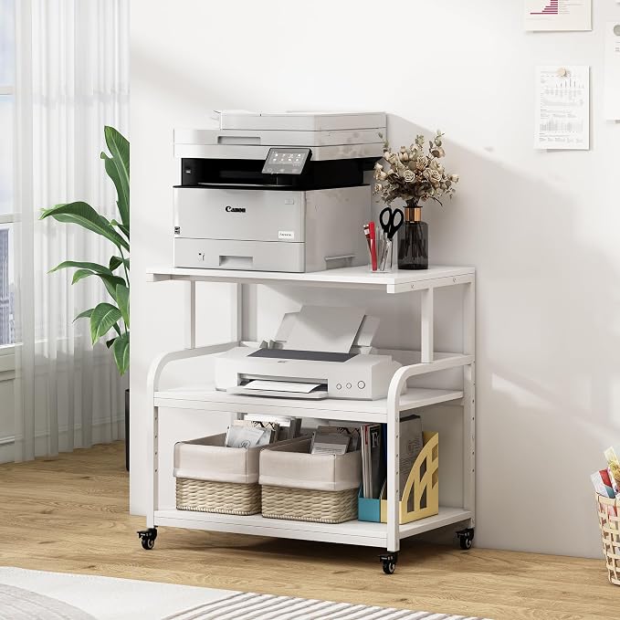 Fannova Printer Stand, 32.3" x 18.9" x 32.1" Extra Large Printer Table with Adjustable Storage Shelf, 3 Tier Rolling Printer Cart with Industrial Wheels for Home Office, White