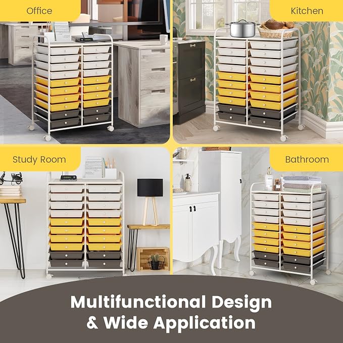 COSTWAY 20-Drawer Rolling Storage Cart, Multipurpose Storage Trolley on Wheels for Home Office School (Yellow, Beige & Grey)