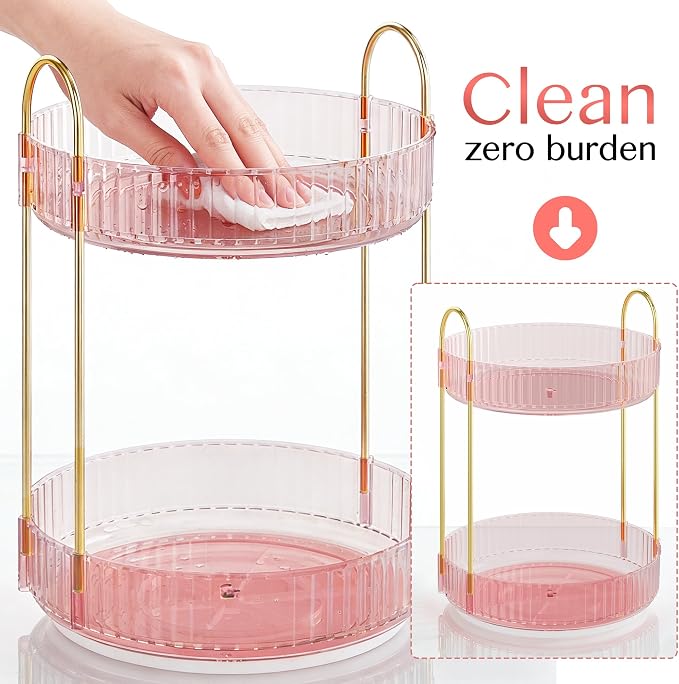 Rotating Makeup Organizer Countertop,Skincare Organizers,Spinning Perfume Tray Stand,Makeup Storage Organizer for Vanity,Bathroom Organizer and Storage,Lazy Susan,2 Tier,Pink