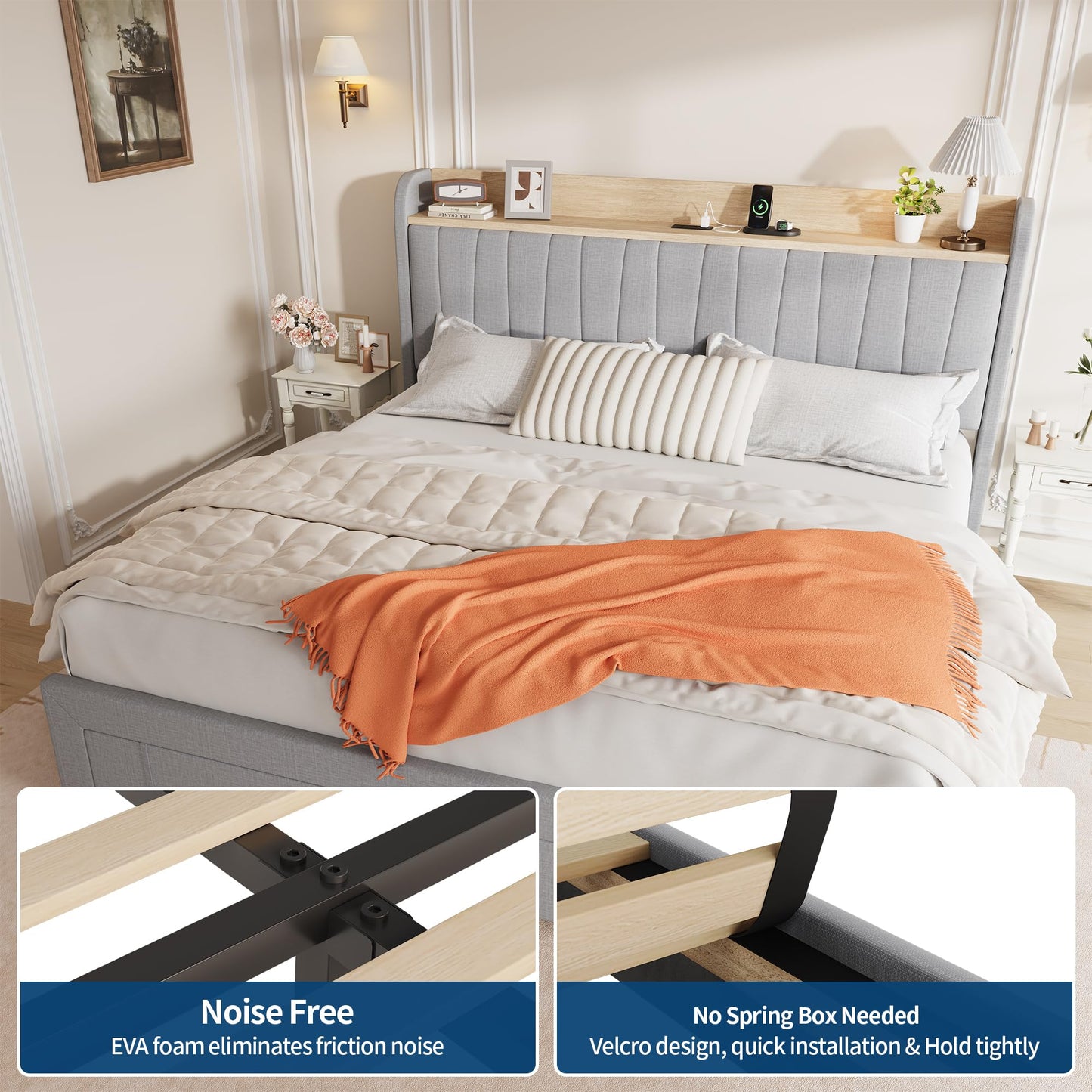 Garvee Upholstered Bed Frame King Size with Storage Headboard and Charging Station, Platform Bed Frame with Drawers, Heavy Duty, No Box Spring Needed, Easy Assembly, Light Grey