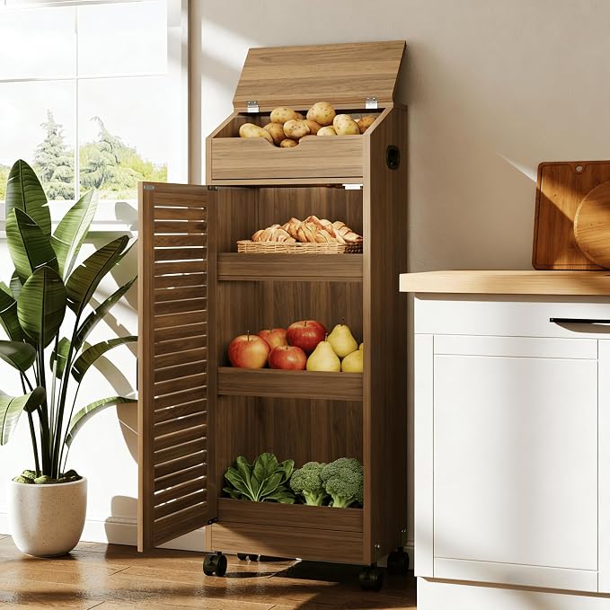 AwayHome 4 Tier Large Potato Storage Bin, Wood Bread Box with Lid and Wheels, Movable Potato and Onion Storage Bin,Decorative Fruit and Vegetable Organization Cabinet for Kitchen,Pantry