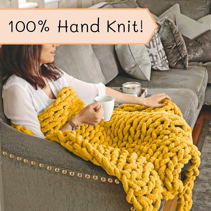Adyrescia Chunky Knit Blanket Throw | 100% Hand Knit with Jumbo Chenille Yarn (40"x50", Harvest Yellow)