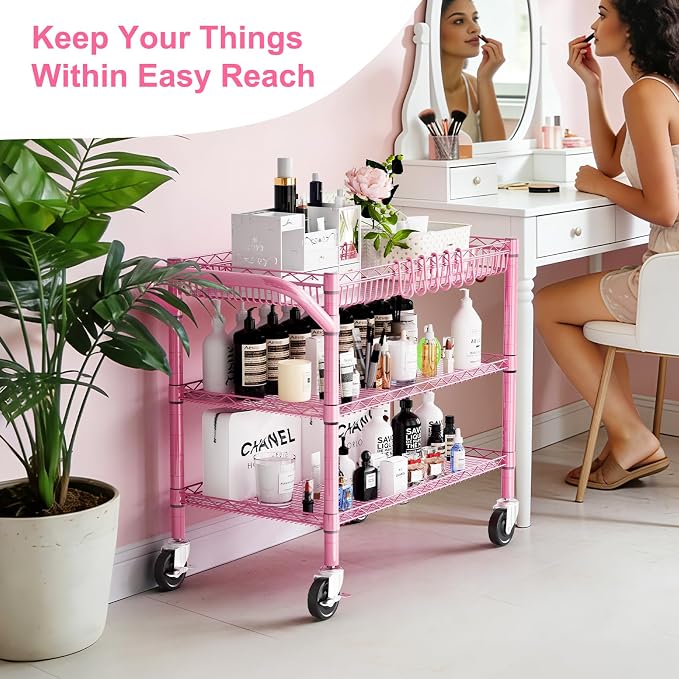 WDT Pink Rolling Utility Cart with Wheels, 990Lbs Heavy Duty Metal Cart with Handle & Shelf Liners, NSF Certified 3-Tier Storage Trolley for Esthetician, Kitchen, Salon & Craft Room, Pink