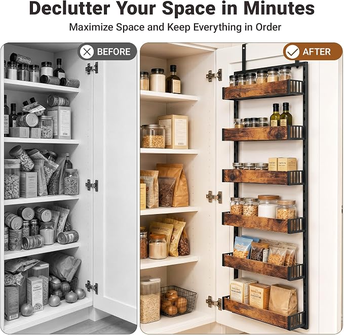 6-Tier Over the Door Pantry Organizer, 2-in-1 Door Hanging or Wall Mounted Spice Rack, Space Saving Metal Storage Shelves with Adjustable Baskets for Kitchen, Closet, Bathroom