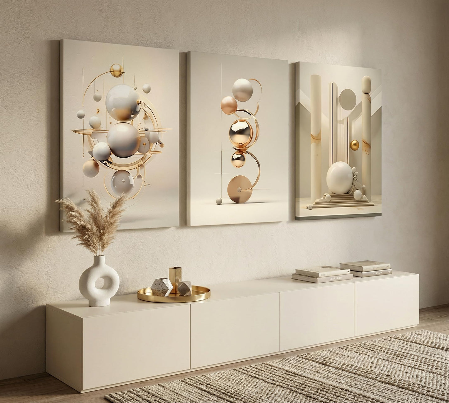 3pcs Modern Three-Dimensional Geometric Spheres Canvas Wall Art Abstract Luxury Beige Gold Wall Decor Pictures Minimalist Medieval Posters Prints for Bedroom Living Room Office Scene Home Decoration