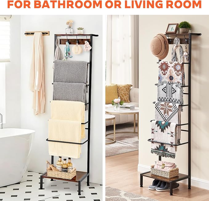 DGWJSU 7 Tier Blanket Ladder for The Living Room and Bedroom, 5.12 Ft Farmhouse Ladder Shelf with 2-Tier Storage Rack, Decorative Ladder with 4 Coat Hooks, Blanket Rack,Ladder Shelves