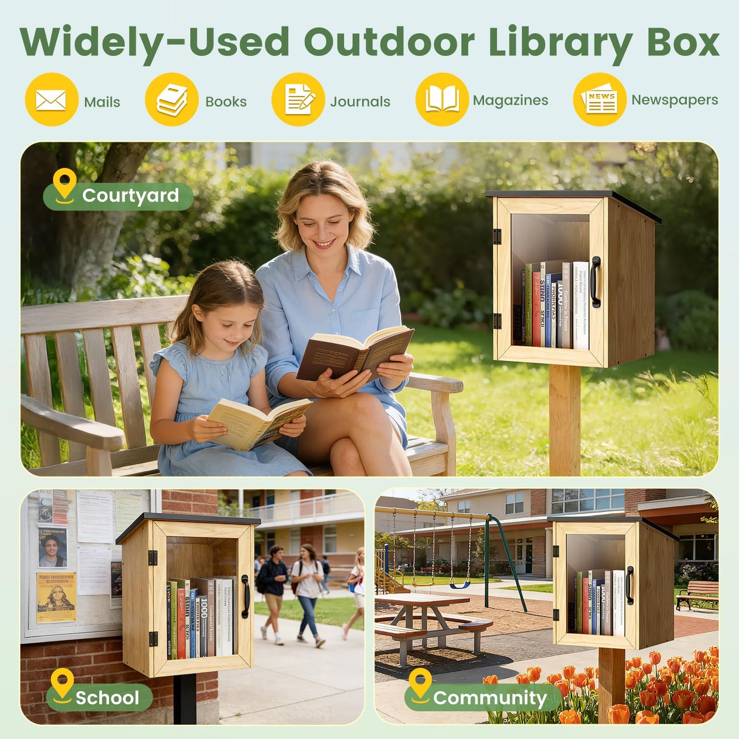 Outdoor Library Book Box Storage, Waterproof Solid Wood Cabinet for DIY, Community & School Sharing – Weatherproof Neighborhood Book Exchange for Literature, Magazines & Newspapers(13"W x 12"D x 17"H)