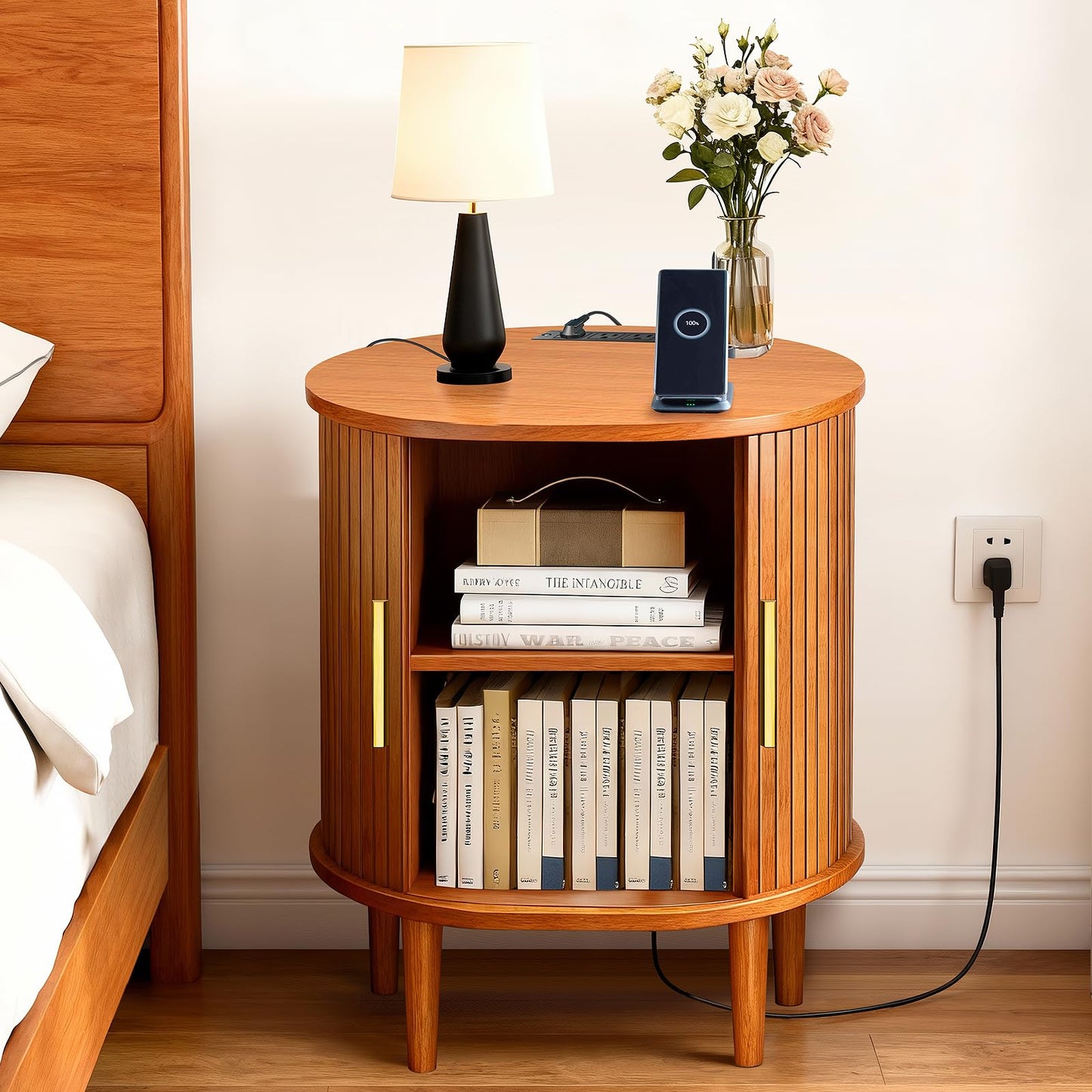DHH Mid Century Modern Nightstand with Charging Station, Fluted Accent Side Table with Sliding Door & Adjustable Shelf, End Table for Small Space, Living Room, Bedroom,Sofa Couch(1, Yellow)
