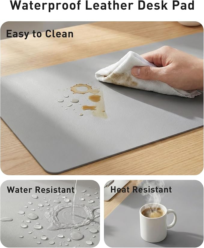 Aothia Faux Leather Desk Mat - Large Mouse Pad, Non-Slip PU Leather Blotter, Waterproof Writing Surface for Office and Home (Light Grey, 42" x 17")
