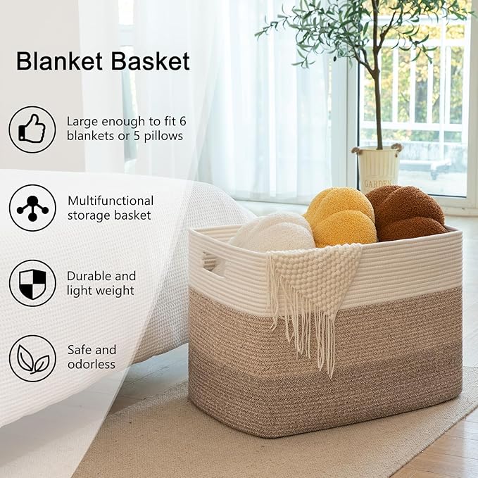 OIAHOMY 108L Super Large Blanket Basket, 25”x16”x16”(108L) Rectangle Woven Baskets for Storage, Cotton Rope Basket For Living Room, Toy Storage with Handle- Gradient Brown