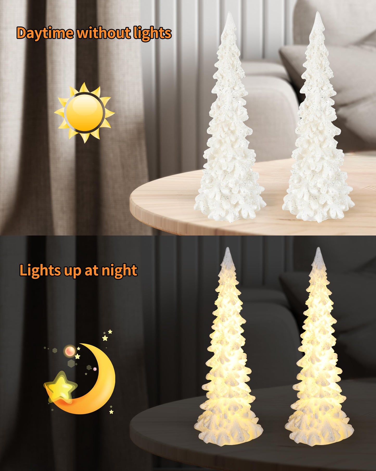 iStatue Tabletop Christmas Tree Decoration 8.3'' Tall - Set of 2 Mini White Resin LED Trees with Intricate Details Figurines - Indoor Holiday Decor and Xmas Gift (Trees)