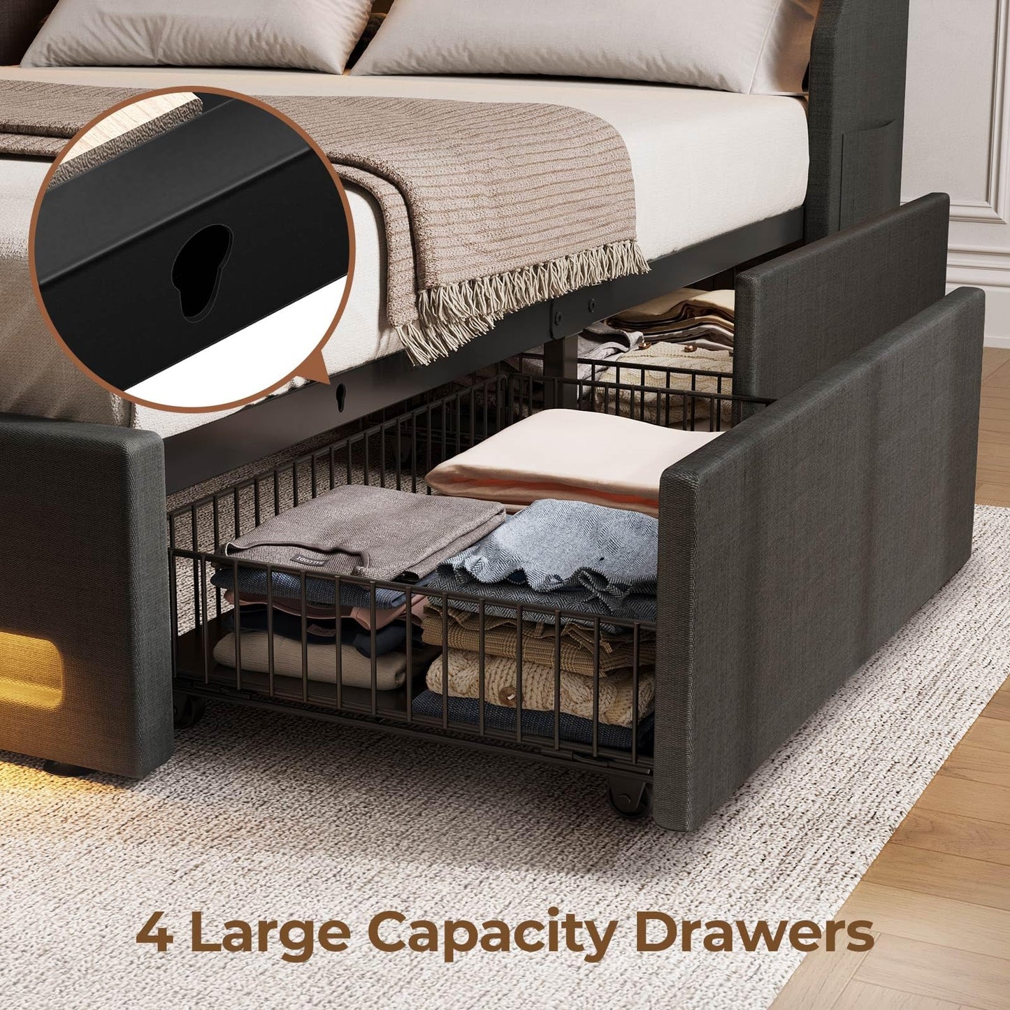 Rolanstar Queen Bed Frame with LED Lights and Charging Station, Upholstered Bed with Drawers, Wooden Slats, Noise Free, Easy Assembly, Dark Gray