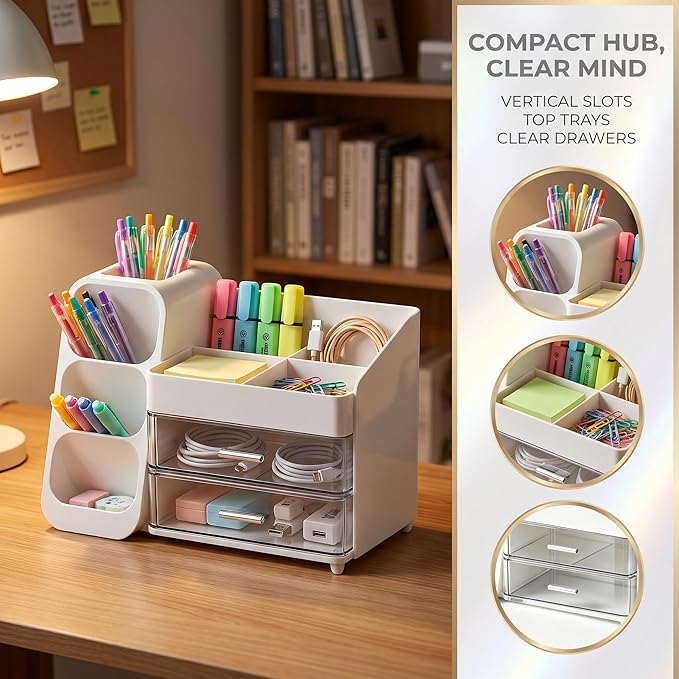 Makeup Organizer for Vanity - Large Skincare Organizers Countertop, Cosmetic Organizer with Brush Holder and 2 Drawer, Makeup Storage for Lipsticks, Nail Polishes, Eyeshadow Palettes, White