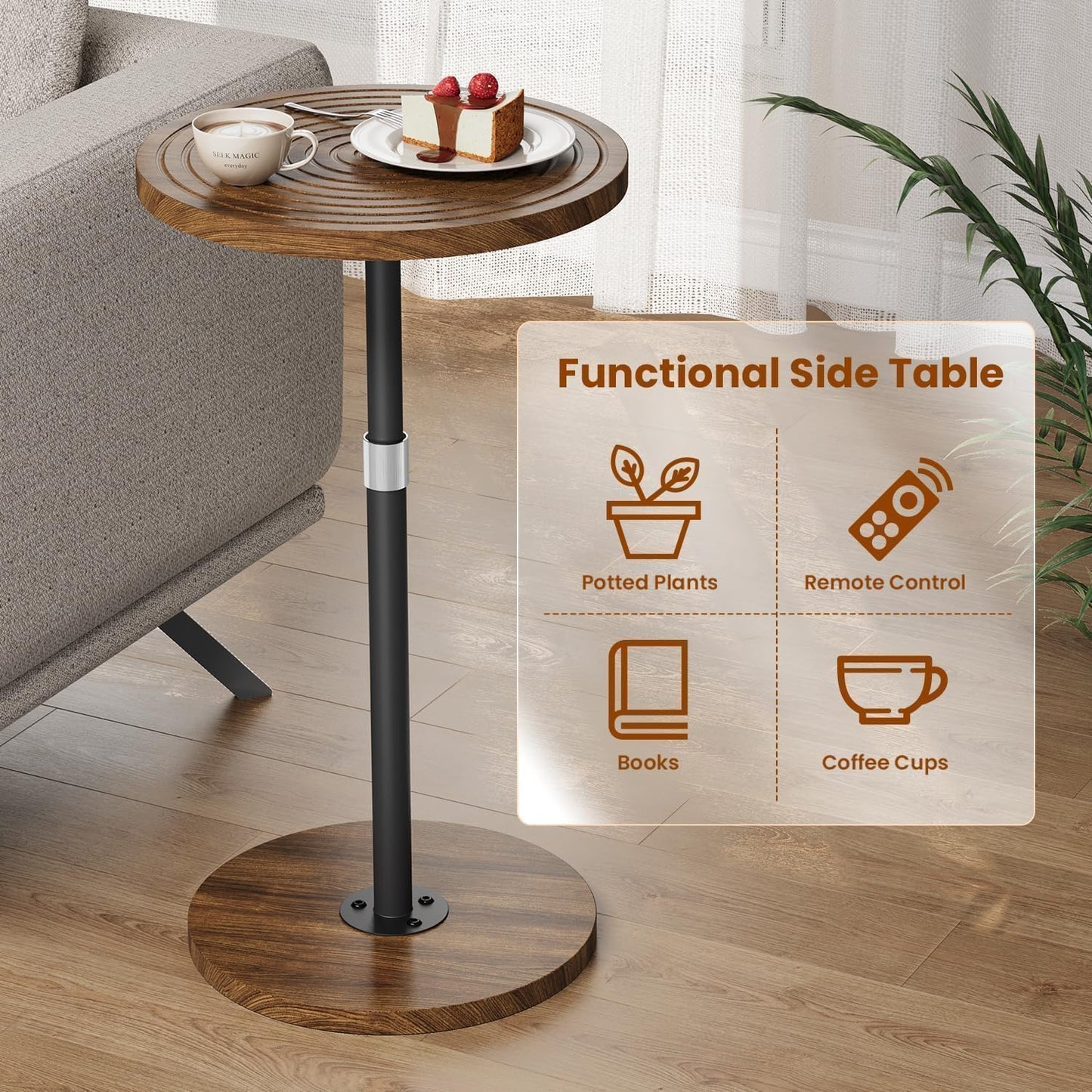 Asgolion Round Small Side Table, Adjustable-Height Drink Table, Pedestal Martini Stand, Weighted Base Cocktail Table Accent Nightstand for Living Room, Bedroom, Bathroom, Office, Walnut