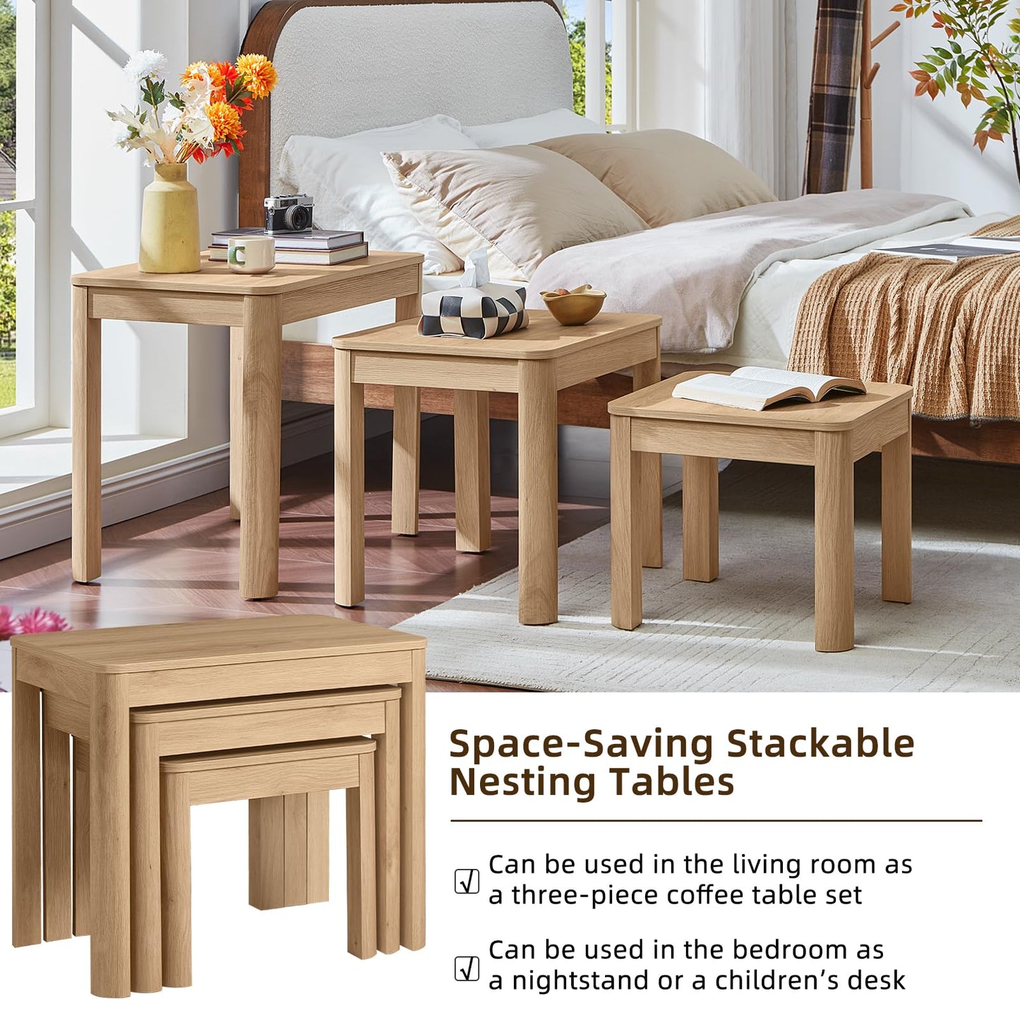 Joaxswe Farmhouse Nesting Tables Set of 3, Living Room Table Set with Rounded Corners & 4 Thickened Table Legs, Natural Wood