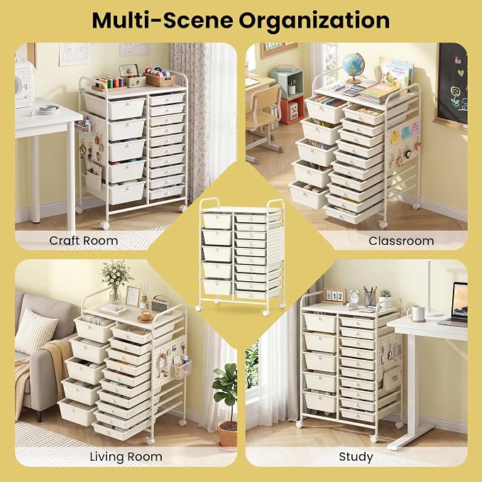 GOFLAME 15-Drawer Rolling Storage Cart with Pegboard, Craft Storage Cart with Lockable Wheels and Metal Frame, Art Cart Supply Storage Organizer for Home Office Classroom, White