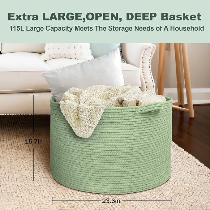 MEGASKET 115L Oversized Green Basket, 23.6"x15.7" Woven Cotton Rope Bin for Blankets, Nursery Wicker Laundry Hamper, Kids Toy Storage Bin, Sage Green Living Room Bedroom Decor Baskets for Organizing