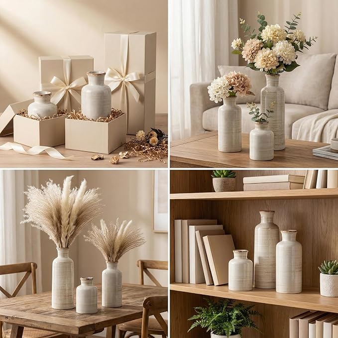 CwlwGO- Ceramic Rustic Vase 3 Piece Set,Small vase for Country Home Decoration,Modern Farmhouse Decor, Living Room Table Decoration, Bookcase, Fireplace and Entrance Decorations.(White)
