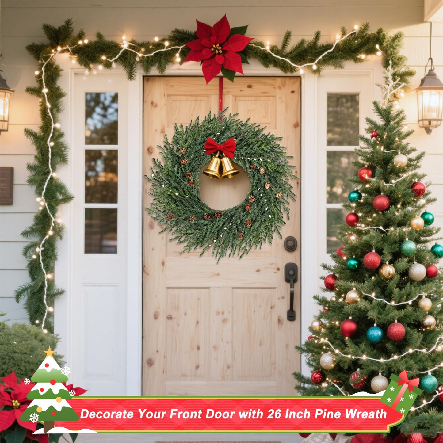 Artgar 26 Inch Pine Wreath - Christmas Wreaths for Front Door - Real Touch Pine Wreath with Pinecones Berries - Large Artificial Green Wreaths for Home Wall Window Porch Farmhouse Outdoor Xmas Decor