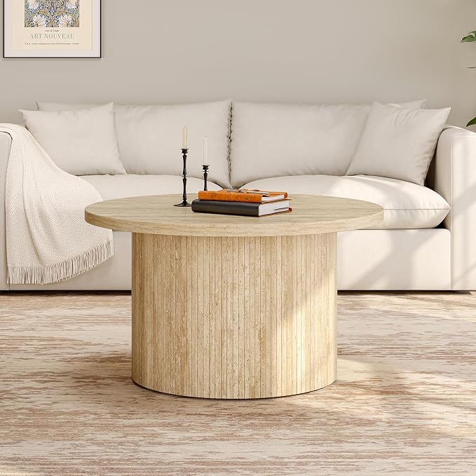 ONBRILL 31.5" Round Coffee Table, Tambour Design Coffee Tables for Living Room, Mid Century Modern Wood Coffee Table, Drum Accent Small Center Table, Travertine Texture