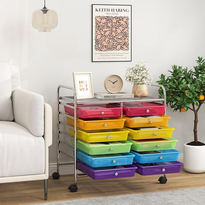 Giantex 12 Drawers Rolling Cart, Mobile Storage Drawer Cart, Classroom Organizer Cart for Office School Supplies Tools Scrapbook Paper Craft Small Printer, Utility Cart on Wheels, Rainbow
