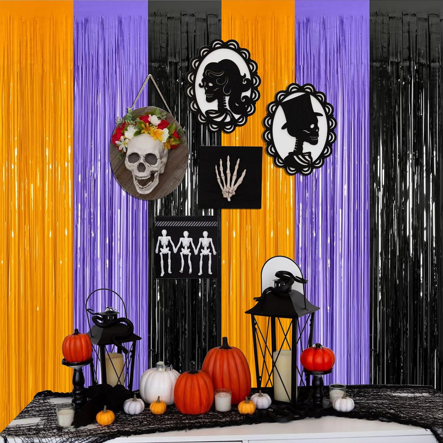 3 Packs 3.3ft x 6.6ft Orange Purple Black Metallic Tinsel Foil Fringe Curtains Photo Booth Props for Halloween Birthday Bridal Shower Baby Shower Bachelorette Holiday Celebration Party Decorations