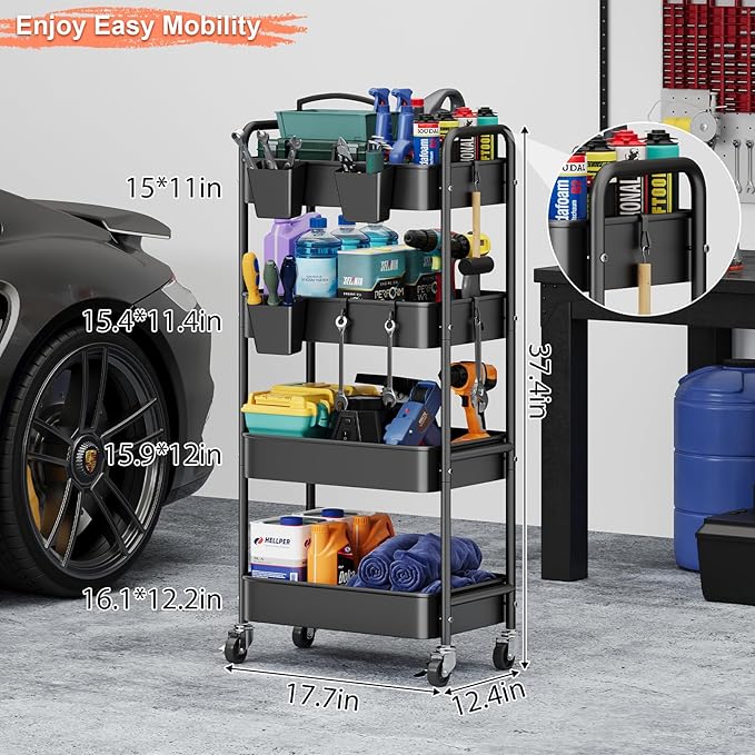 4 Tier Rolling Cart Metal with Wheels, Black Four Tiered Rolling Storage Cart on Wheels, Utility Roller Carts Organizer for Art, Craft, Baby Diaper Caddy, Snack, Book, Large-Capacity Shelving Units