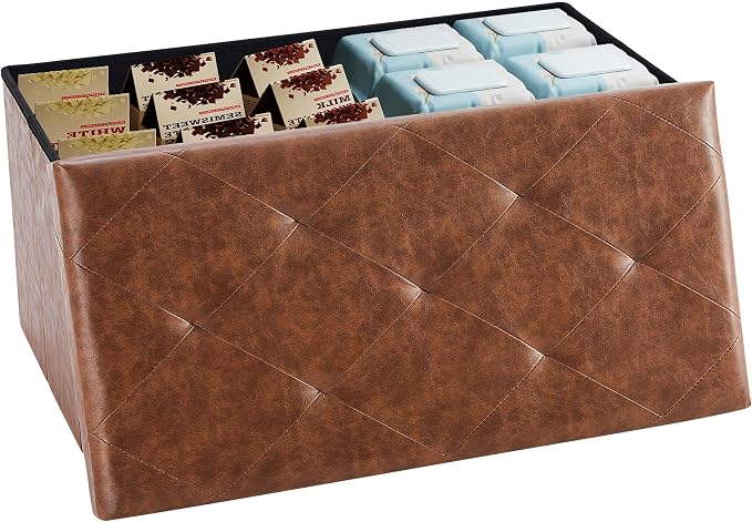 DUMOS 30 Inch Folding Storage Ottoman Bench, Large Hidden Storage Chest withThicker Foam Padded Seat, End of Bed Foot Rest Stool for Bedroom Living Room Entryway, Load 660 lbs, Brown
