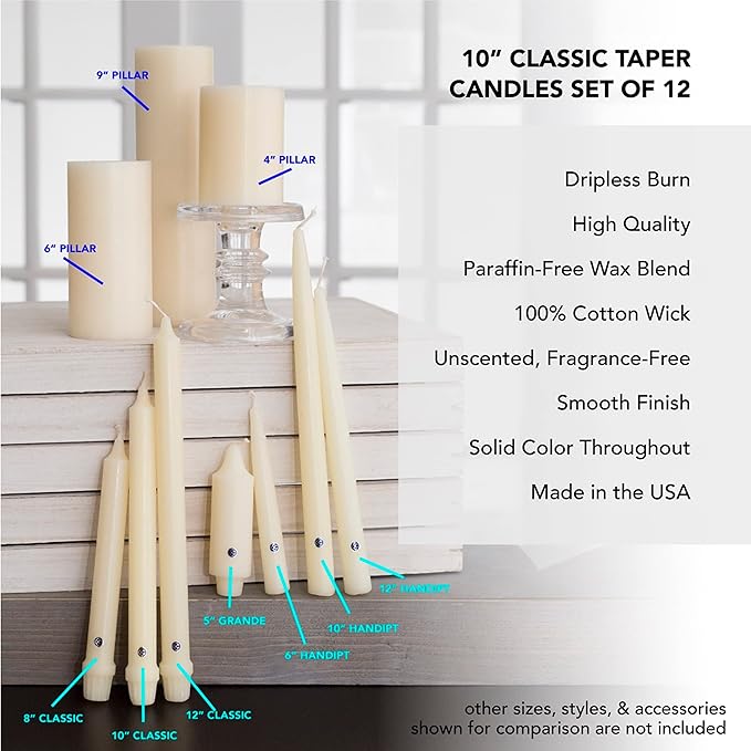 Colonial Candle Unscented Taper Candle, Classic Collection, Limoncello, 10 in, Pack of 12 - Up to 8 Hours Burn