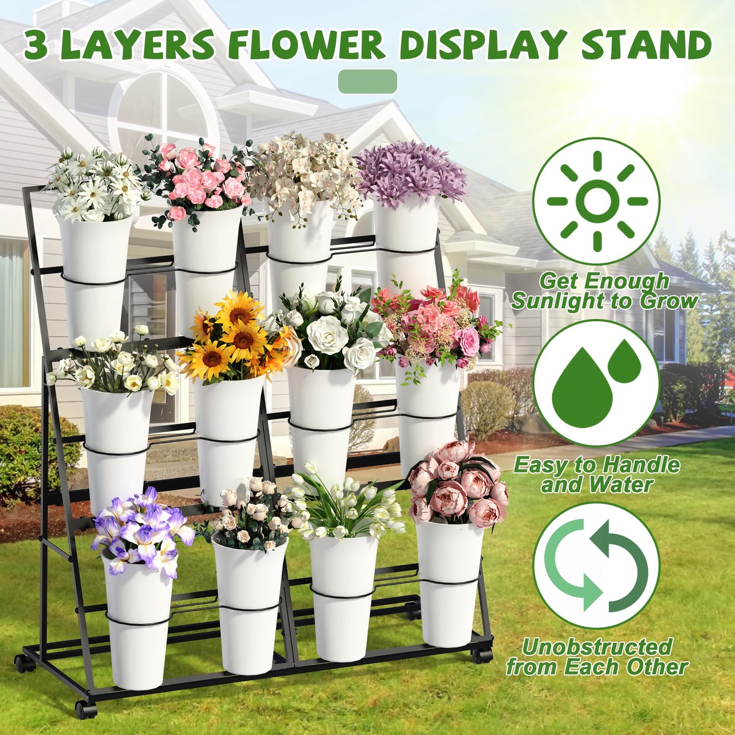Invech Flower Display Stand with 12 Buckets and Wheels, 3 Tier Flower Cart Display Stand for Indoor Outdoor Garden, Wedding, Flower Shop (Black)
