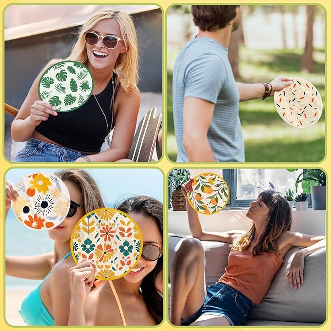 Mototo Foldable Flying Disc Fans, 30PCS Foldable Disc Fan 8 Inch Pop up Round Collapsible Hand Fan Bulk with Pouch for Women Purse Travel Beach Game Wedding Party Favor Decoration, 6 Abstract Style