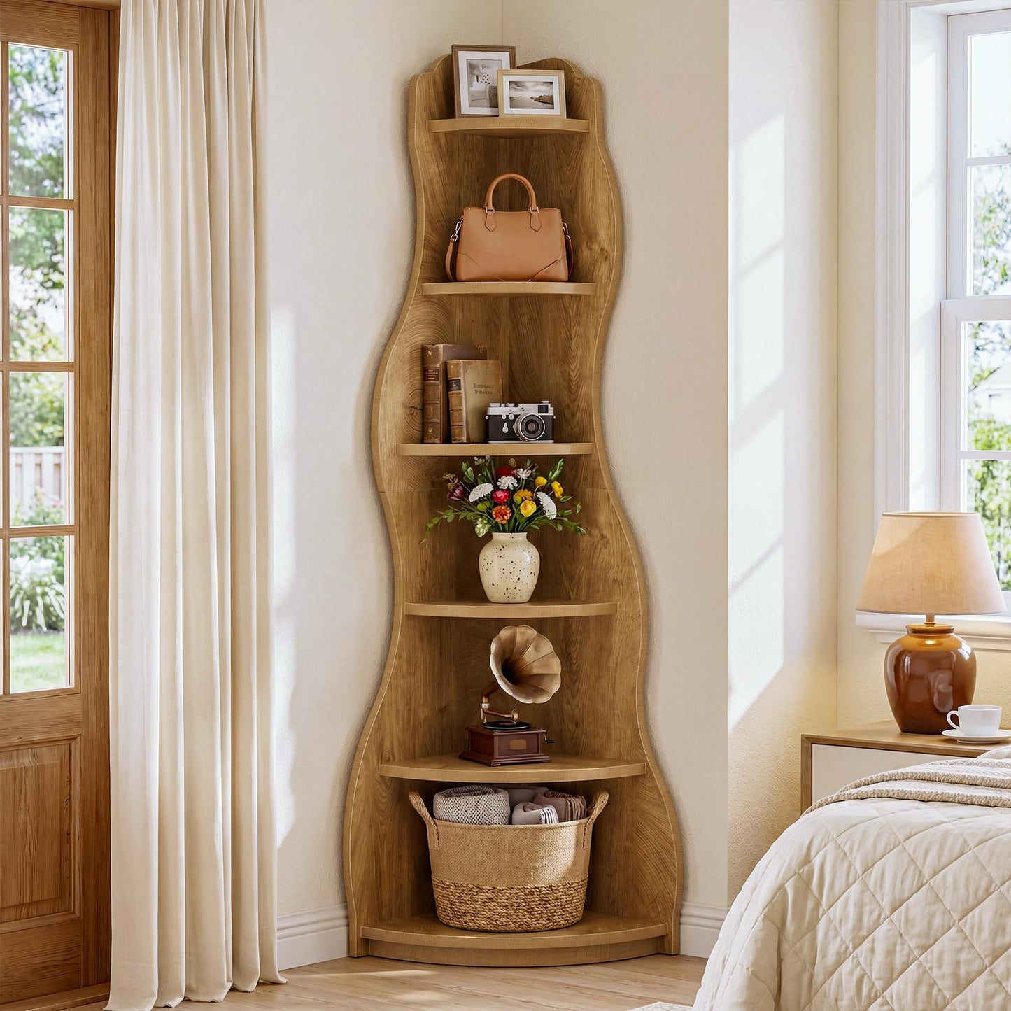 Tribesigns Modern Wavy Corner Shelf, 68.9-Inch 6-Tier Wall Corner Display Bookshelf, Unique Tall Bookcase Storage Rack Plant Stand for Small Space, Living Room, Home Office, Bedroom, Rustic