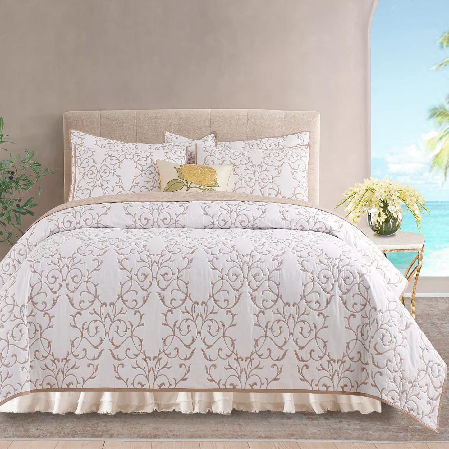 Querencia Cotton Quilt King Size - Embroidered Beige Quilt Tan Cotton Coverlet, French Country Toile Bedding, Farmhouse Bed Spread Set Neutral (Beige and White, King/Cal King, 3 Pieces)
