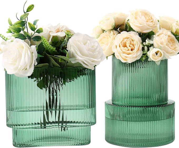 Green Glass Vases, Set of 2 Ribbed Vases for Flowers, Green Vase for Tulips, Modern Glass Vase for Living Room, Dining Table, Office, Entryway, Mantle, Bookshelf, Wedding Gifts