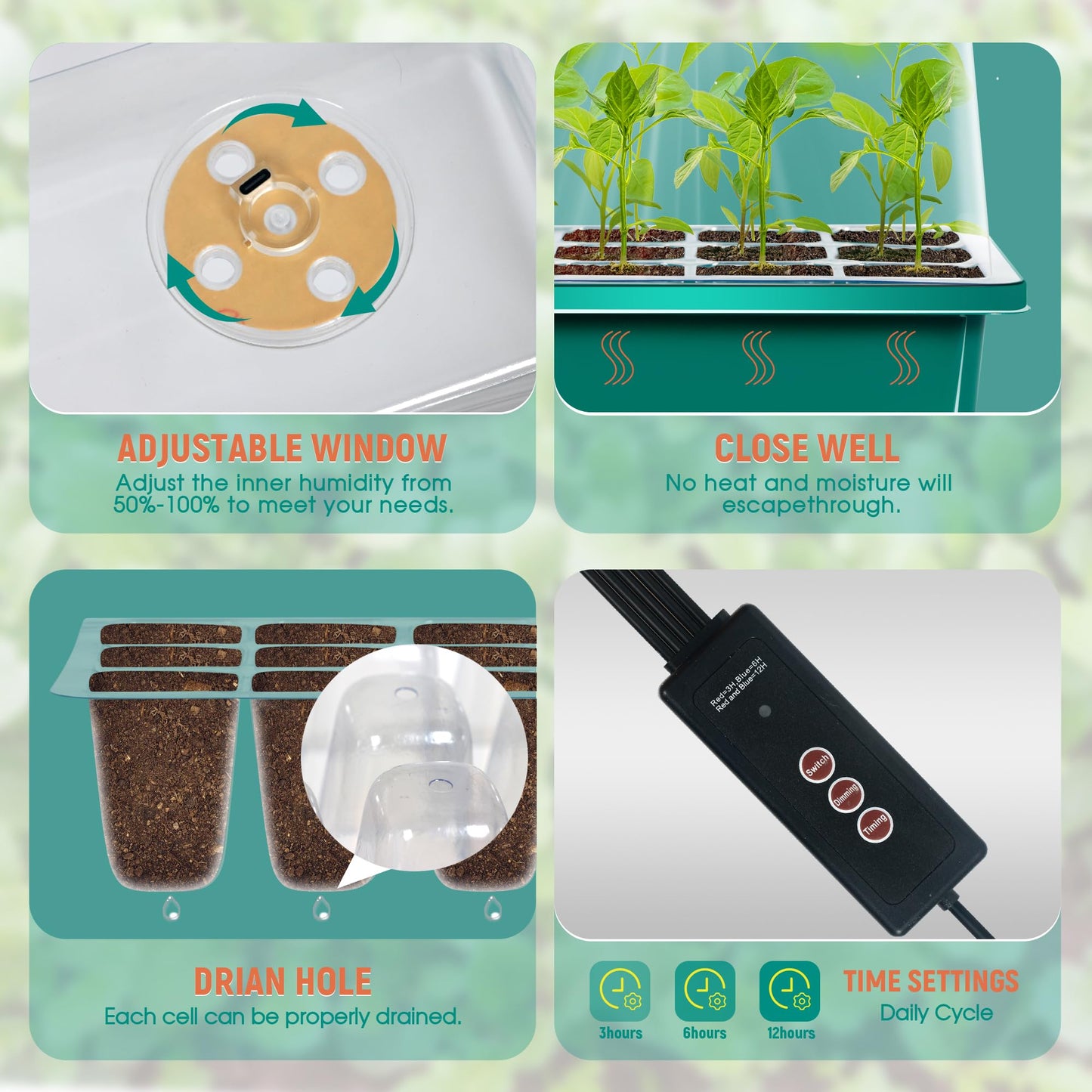LYDTICK 6-Set Seed Starter Tray with Grow Light, Seed Starting Trays Kits with Timing Controller Adjustable Humidity Domes Heightened Lids(12-Cells Per Tray)