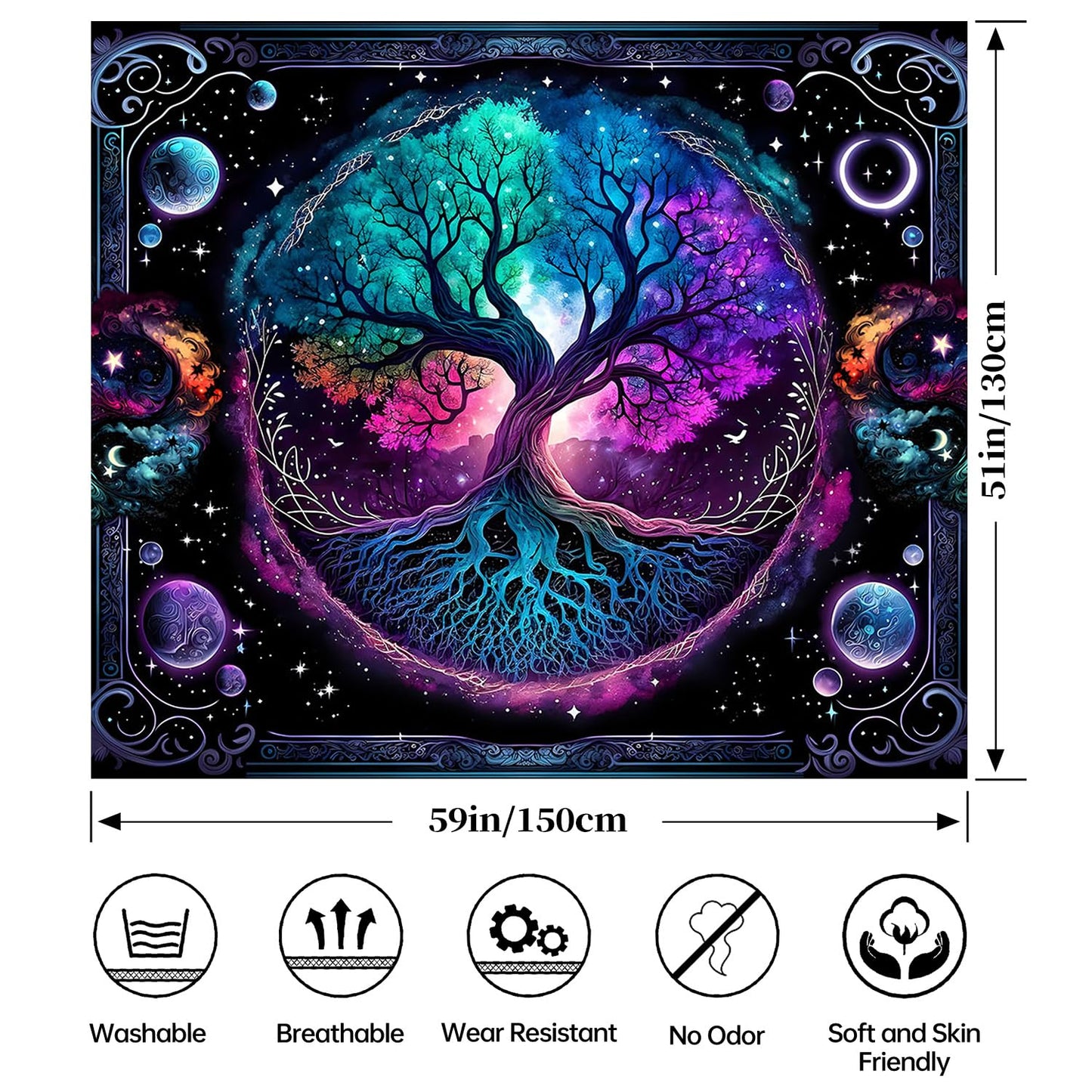 TVTLTVT Tree of Life Tapestry Sun Moon Stars Wall Hanging Boho Mandala Spiritual Wall Art Aesthetic Galaxy Wall Tapestry Nature Plant Decoration for Home Decor Bedroom Living Room Dorm Decor 59x51in