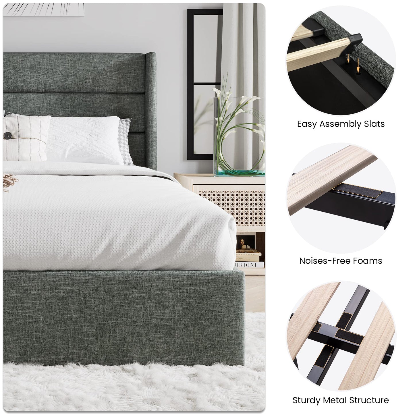SHA CERLIN Queen Size Lift Up Storage Bed/Modern Wingback Headboard/Upholstered Platform Bed Frame/Hydraulic Storage/No Box Spring Needed/Wood Slats Support/Dark Grey