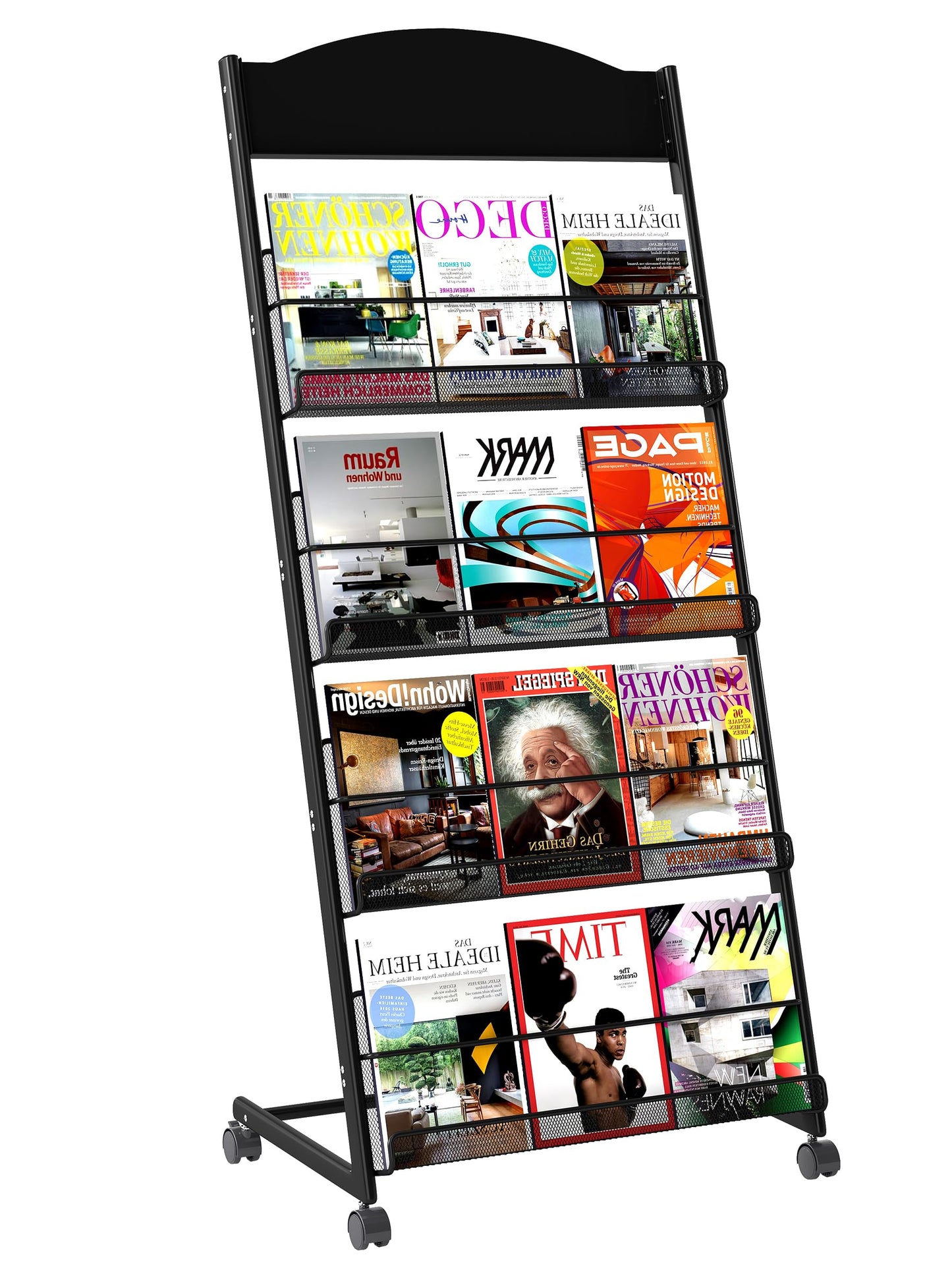 Qriocioa Brochure Display Stand 4 Layer Floor-Standing Magazine Rack Literature Newspaper Catalog Display Holder with Wheels and Top Billboard for Exhibitions,School, Hotel, Hospitals, Offices (Black)