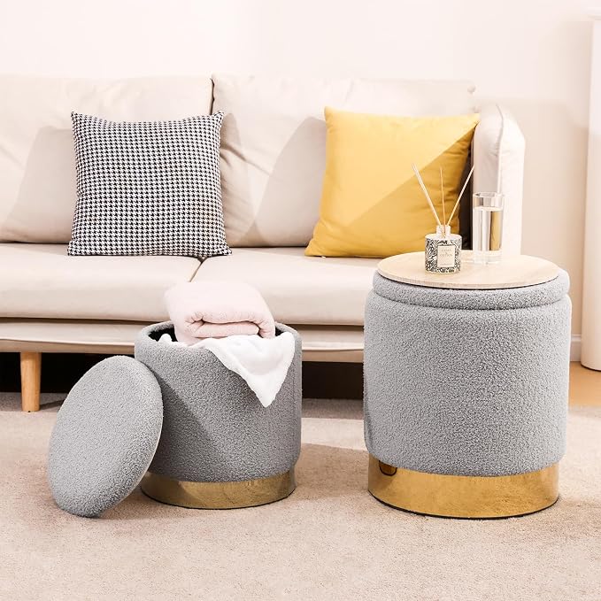 YYW HOME Sherpa Round Ottoman Set of 2 with Storage, 12 Gallon Hidden Storage Ottoman, Multi-Functional Footrest Stool, Vanity Seat, Coffee Table, No Assembly Required, Holds 300lbs (Gray)