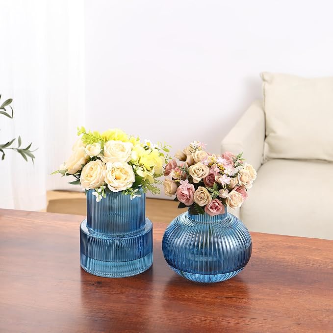 Ribbed Glass Vases, Set of 2 Fluted Vases for Flowers, Blue Glass Vase for Tulips, Modern Vase for Living Room, Kitchen, Office, Entryway, Mantle, Bookshelf, Wedding Gifts, Birthday