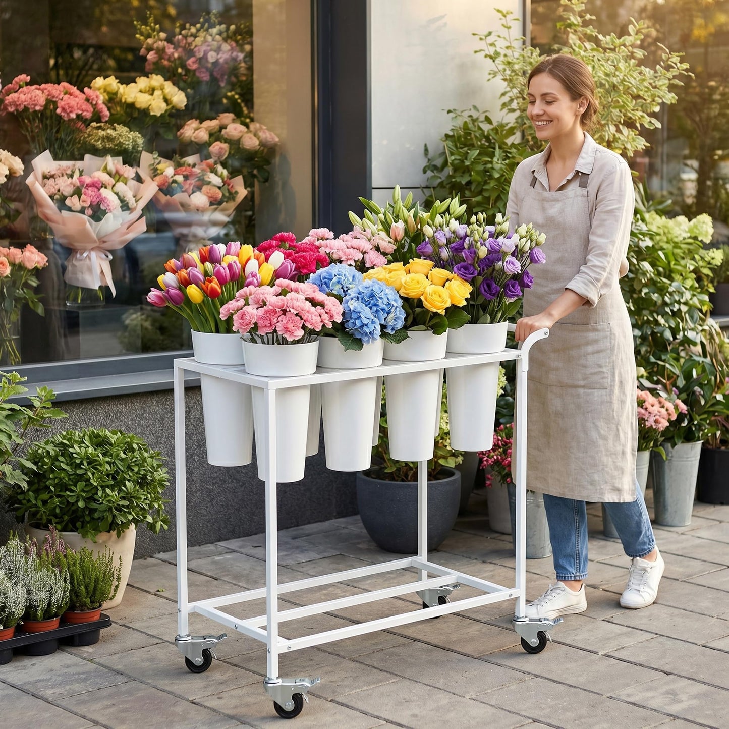 VGMiu Flower Display Stand with 8 Buckets,Flower Cart White Metal Flower Bar Stand with Wheels, Moving Florist Bouquet Shelf for Weddings Florist Indoor Outdoor Patio Garden Living Room