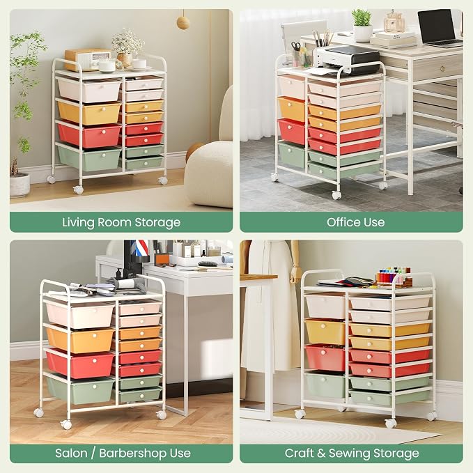 Giantex 12 Drawer Rolling Cart with Drawers, Storage Organizer Cart for Classroom Office School Teacher, Mobile Drawer Cart for Tools, Crafts, Small Printer, Macaron Multicolor