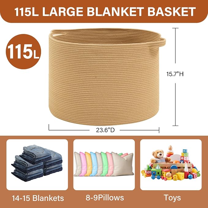 Foldable Laundry Hamper Basket with Collapsible Handle Cotton Rope Soft Woven Fabric Storage Organizer Clothes Toys Nursery Bedroom Dorm Space Saving Bin (Camel, 115L(23.6"D x 15.7"H))